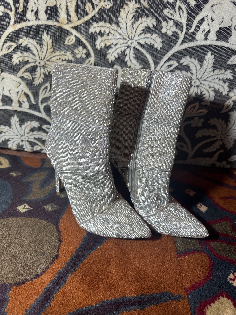 Steve Madden Silver Crystal Mid-Calf Pointed-Toe Stiletto Boots 8